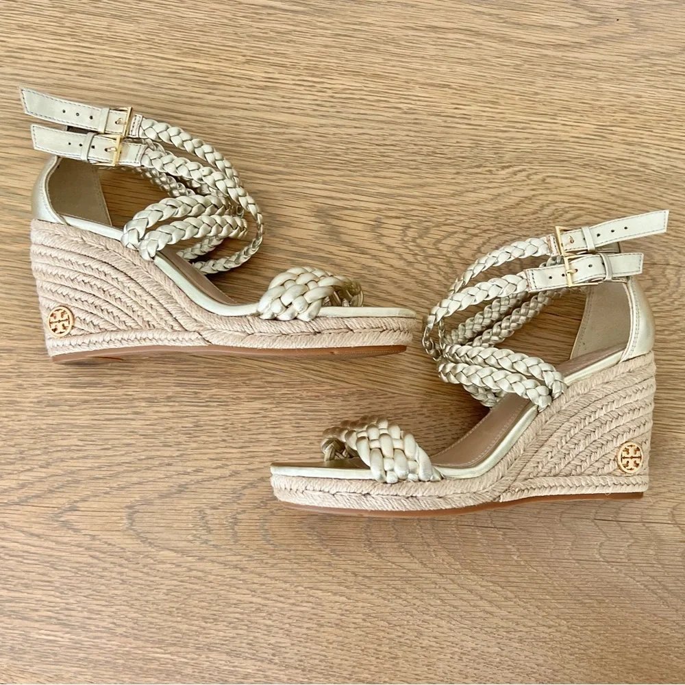 Tory Burch Bailey Metallic Leather Braid Espadrille Wedge Platform Sandals Gold - Picture 6 of 15